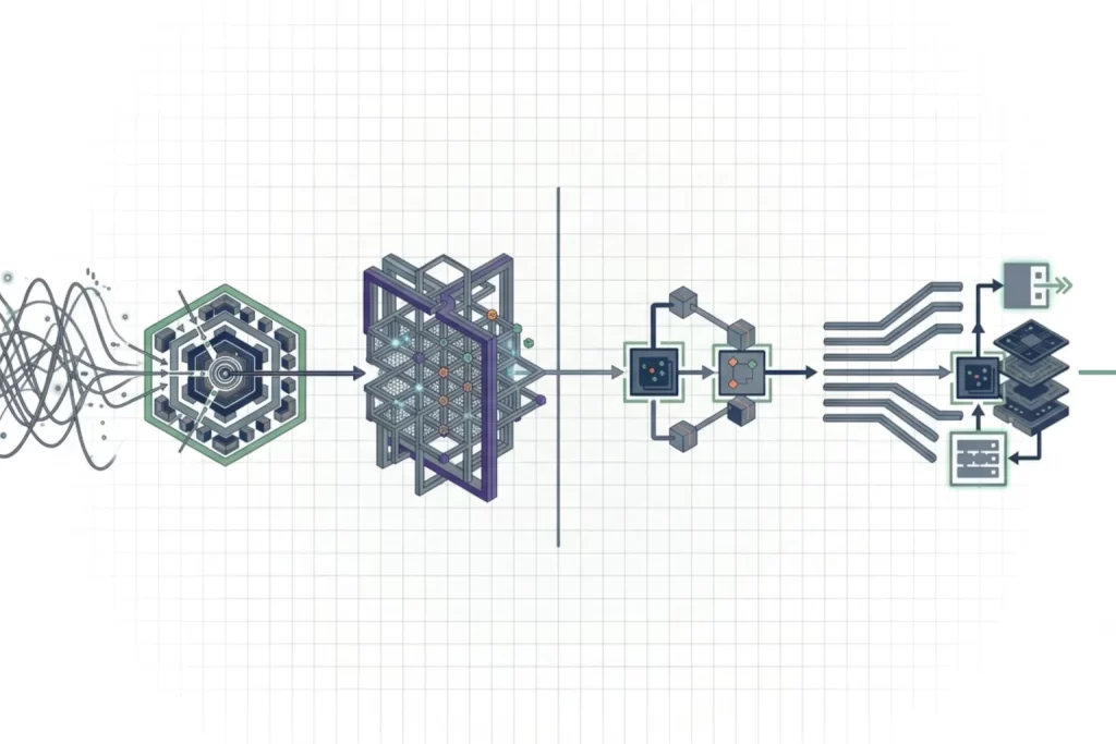 Fluxograma horizontal 16:9 demonstrando a ingestão, extração de metadados, validação e injeção automática de documentos no ERP.