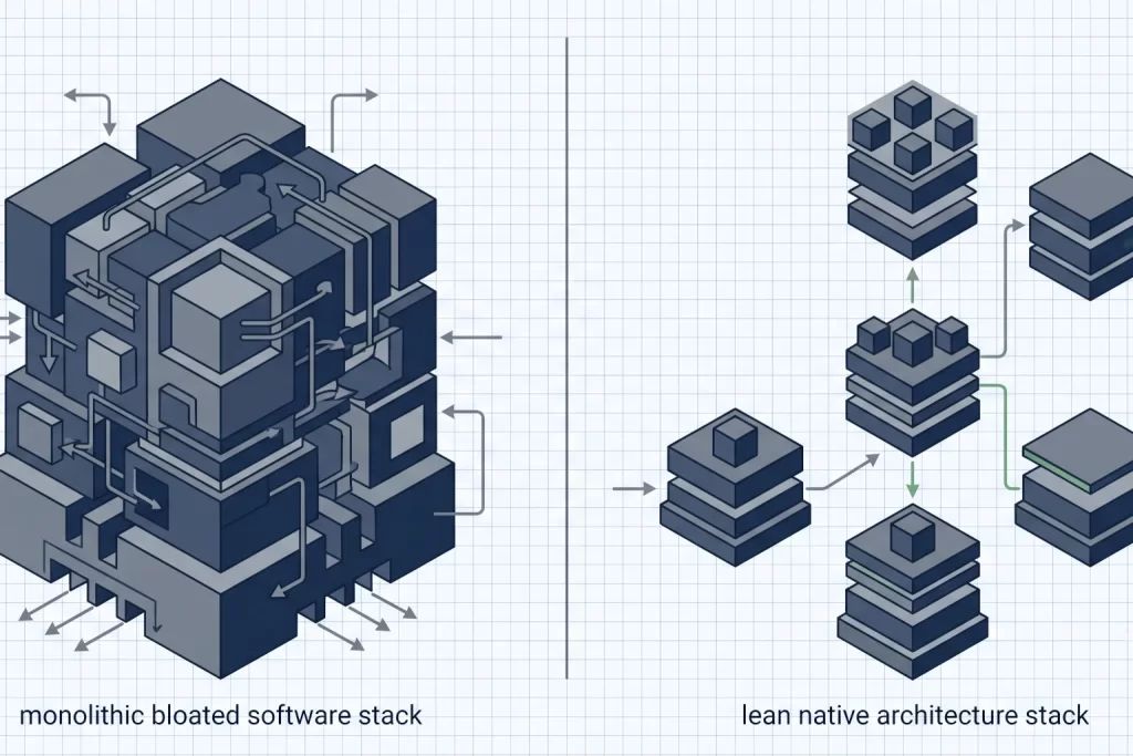 Diagrama comparativo entre uma pilha de software com múltiplas dependências externas e uma arquitetura web nativa e simplificada.